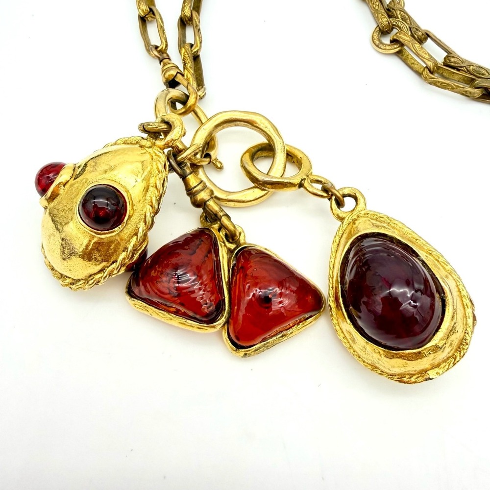 1970s CHANEL Gripoix Necklace Red Poured Glass Cluster 29" Gilt Chain VTG 105g